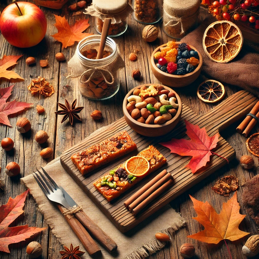 DALL·E 2024-10-06 18.19.04 - A cozy autumn-themed image for the category Autumn energy on the go_ Healthy snacks for every day. The scene should show a wooden table with healthy